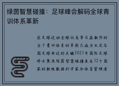 绿茵智慧碰撞：足球峰会解码全球青训体系革新